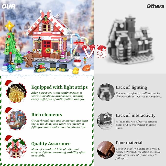 Gingerbread House Building Blocks for Girls Age 8-12 with LED Lights, Dark Pink Christmas Village House Blocks Set with Christmas Tree and Train, 1288 Pcs