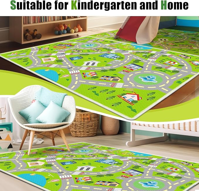 Kids Carpet Car Tack Rug Great for Kids Enjoy City Life- Play Learn Safely and Non Slip- Children Educational Road Rug Traffic Play Mat for Nursery Playroom Classroom（Greem01, 7'10" x 5'3"