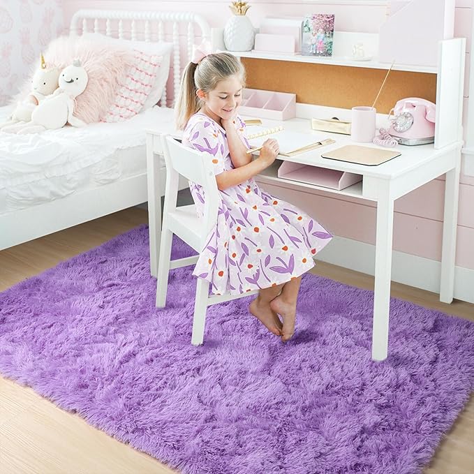Purple Area Rug for Bedroom,4'X6', Fluffy Shag Rug for Living Room, Furry Carpet for Kids Room, Shaggy Throw Rug for Nursery Room, Fuzzy Plush Rug, Purple Carpet, Rectangle, Cute Room Decor for Baby