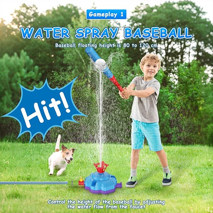 4-in-1 Sprinkler Toys for Kids, Water Outdoor Baseball Rocket Launcher Toy with Water Sprinkler Baseball Toy, Kids Outdoor Sprinkler for Summer Backyard Lawn Pool Party for Ages 3-8 (Blue)