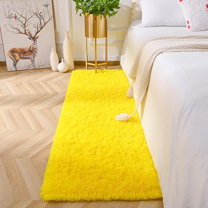 Amearea Shag Fluffy Runner Rug for Bedroom Girls Living Room, 2x6 Feet Extra Soft and Fuzzy Shaggy Rugs, Non Slip, Indoor Floor Long Carpet Mat for Boys Nursery Home Decor, Yellow