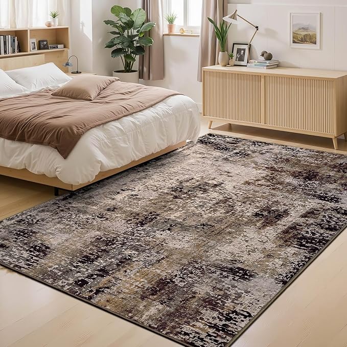 Area Rug 4x6 Brown Rug Washable Boho Rugs Non Slip Low Pile Abstract Coffee Small Carpet for Entryway, Bedroom, Kitchen, Classroom, Kids Room, Office, Dorm, Dining Room
