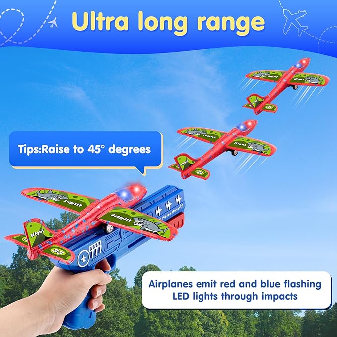 3 Pack LED Airplane Launcher Toys - Foam Glider Catapult Aircraft Plane Toy with Stickers - 2 Flight Mode Outdoor Flying Toys for Age 3 4 5 6 7 8 9 10 11 12 Year Old Kids Boys Girls Birthday Gifts