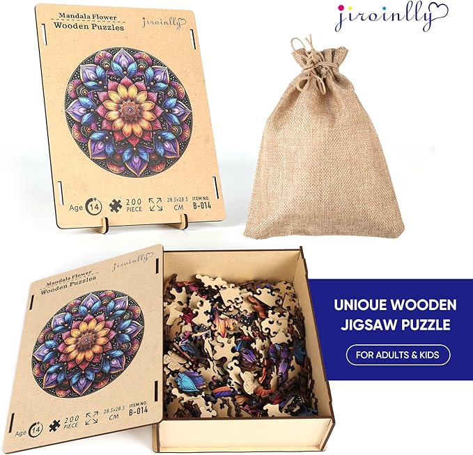 Wooden Puzzles for Adults, Mandala Jigsaw Puzzles 200 Piece, Unique Shapes Family Reunion Puzzle, Exquisite Packaging, Best Gift for Adults and Kids, Family Game, 11.2x11.2 in
