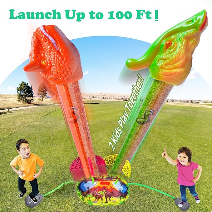 Dinosaur Rocket Launcher for Kids - Launch Up to 100 Ft, 8 Rockets and 2 Pads for Multi-Player, Dinosaur Toys, Birthday Gift Ideas, Toys for 3 4 5 6 7 Year Old Boys, Outdoor Outside Toys