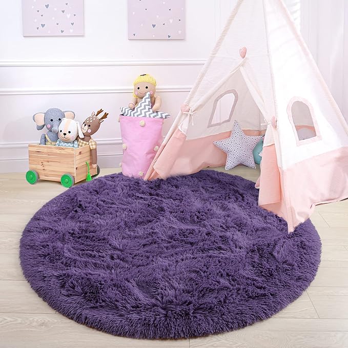 junovo Round Rug 5x5 Feet Fluffy Soft Area Rugs for Kids Girls Room Princess Castle Plush Shaggy Carpet Cute Circle Nursery Rug for Kids Girls Bedroom Baby Room Home Decor Circular Carpet, Grey-purple