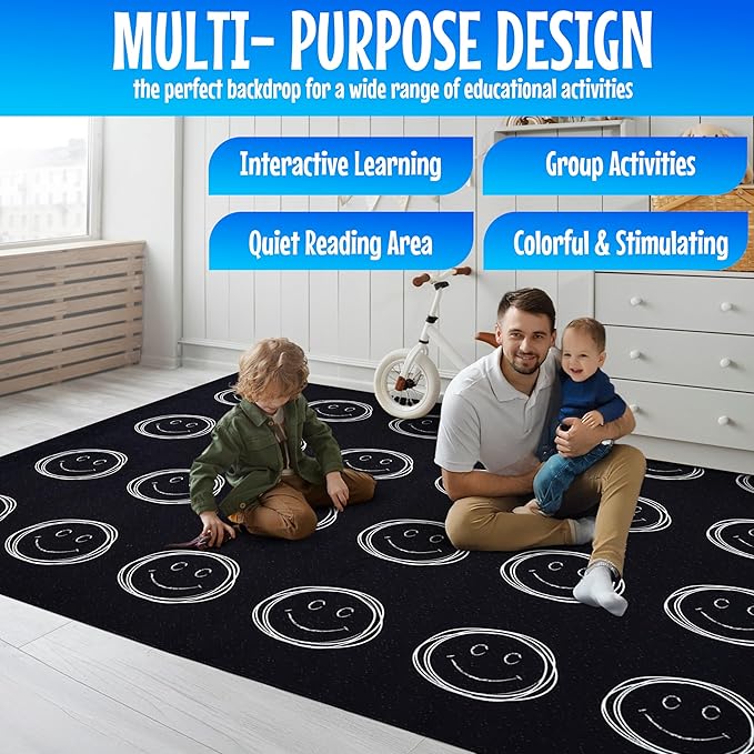 Hudson Comfort Classroom Rug 9x12 - Rugs for Elementary, Daycare, Nursery, and Playroom - Super Soft Non-Slip Carpet - Kids Fun Floor Mat for Playtime (Smiley Face)