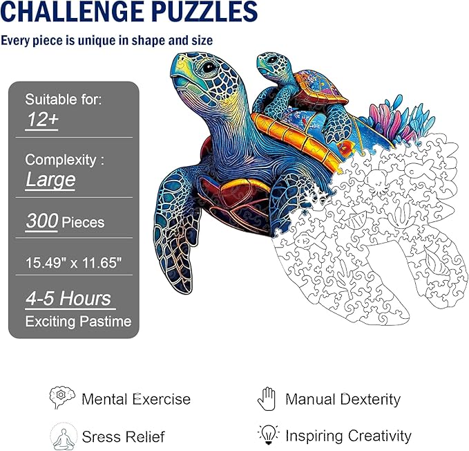 Wooden Jigsaw Puzzles for Adults Teens Kids, Parent and Child Sea Turtle Wood Puzzle, 300 Pieces Unique Animal Shaped Puzzle, Fun Challenging Family Games, 15.49" x 11.65", Gift Box Included