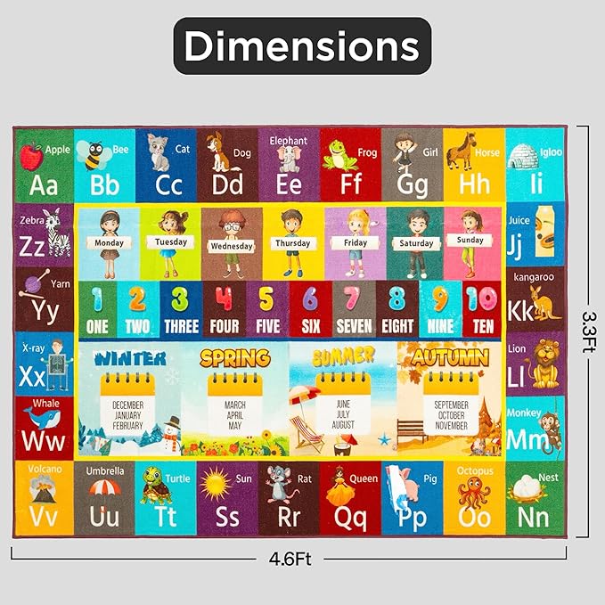 Educational Kids Rug – 55.2" x 39.6" Foldable ABC Play Mat for Floor, Soft Non-Slip Baby Mat for Playroom, Nursery, Classroom