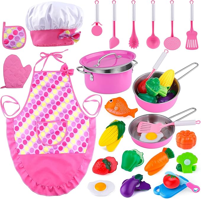 INNOCHEER Play Food for Kids Kitchen Cooking Playing Set, 26 PCS Kids Kitchen playset Accessories with Chef Hat Apron Dress Up, Toddler Cooking Chef Costume Set for 3 4 5 6 Year Old Girls Boys