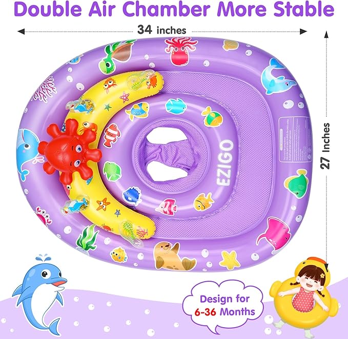 EZIGO Baby Pool Float with Canopy UPF 50+ Sun Protection, Double Air Chambers Infants Swimming Floats with Sound Toys Adjustable Safety Seat Toddler Float for Boys and Girls 6-36 Months