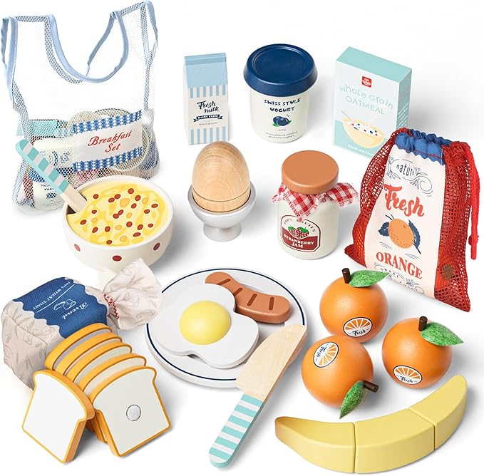 Lehoo Castle Wooden Play Food Set - Montessori Cutting Fruit Egg Bread, Pretend Breakfast Food Toys for Kids Kitchen, Educational Toddler Toys 3-5 Years, with Storage Bag, Birthday Gift for Boys Girls