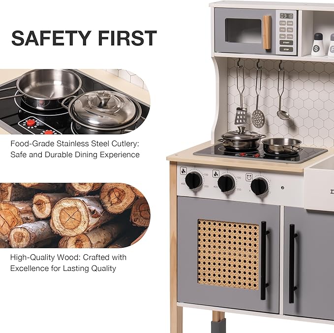 ROBUD Play Kitchen for Kids, Wooden Play Kitchen Set with Sounds & Lights, Modern Vintage Pretend Play Kitchen Set for Toddlers, Gift for Boys & Girls, 3+ (Gray)