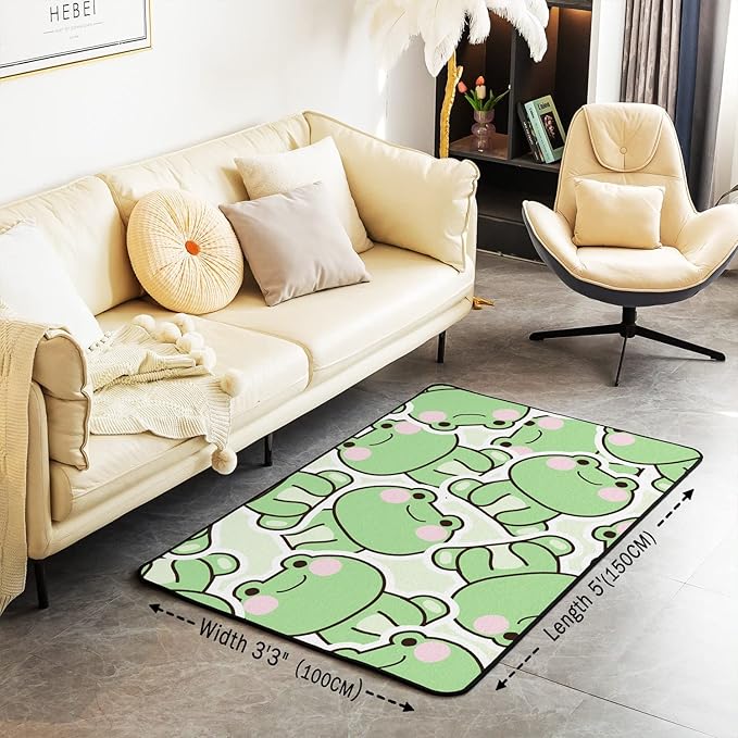 Frog Area Rug 3x5, Cartoon Frog Rug for Kids Boys Girls Teens, Kawaii Green Wild Animals Carpet, Cute Wildlife Farmhouse Rustic Funny Non Slip Decorative Rug