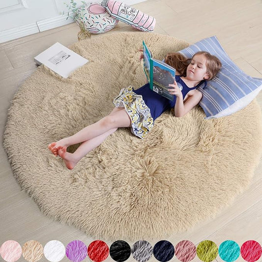 Amdrebio Beige Round Area Rugs 5Ft for Bedroom, Fluffy Plush Shag Furry Circle Rug for Kids Room, Living Room Decor Aesthetic, Fuzzy Circular Tan Neutral Carpet for Teens Baby Nursery Playroom Dorm