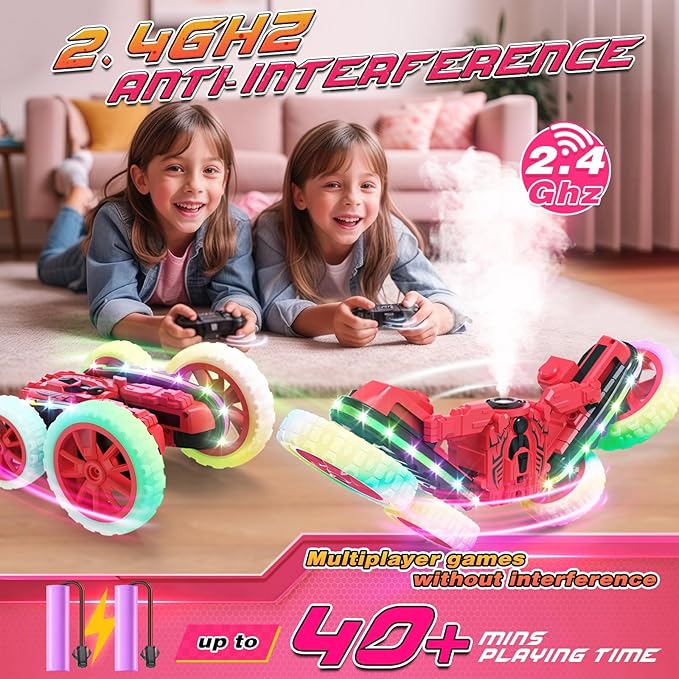 Remote Control Car,RC Cars with Sides Light and Headlights,360°Rotating 4WD Spray RC Stunt Car,2.4Ghz All Terrain Toy Car for Boys Age 4-7 Kids Toy for 8-12 Boys Girls Birthday Gift(Red)