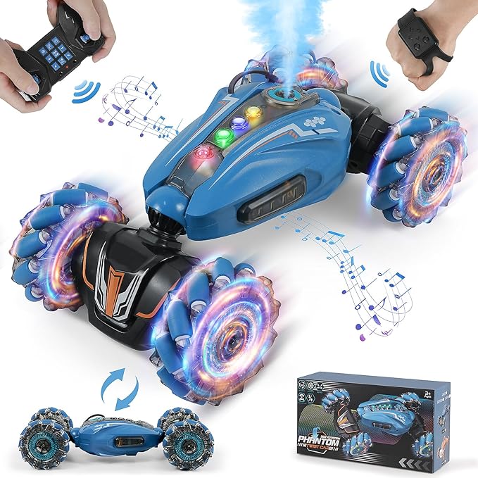Remote Control Car, 4WD Gesture Sensing RC Stunt Car for Kids with Light & Music, 2.4Ghz 360°Rotation RC Toy with Spray, Hand R/C Speedcar for Boys Girls Age 6 7 8 9 10 Year Old Blue
