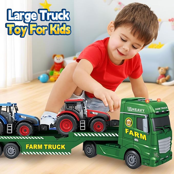 Toddler Boy Toys for 3 4 5 6 7 Years Kids, 25" Semi Flatbed Truck Toy with 2 Tractors, Friction Powered Vehicles Toys with Lights and Sounds, Birthday for Boy Girls