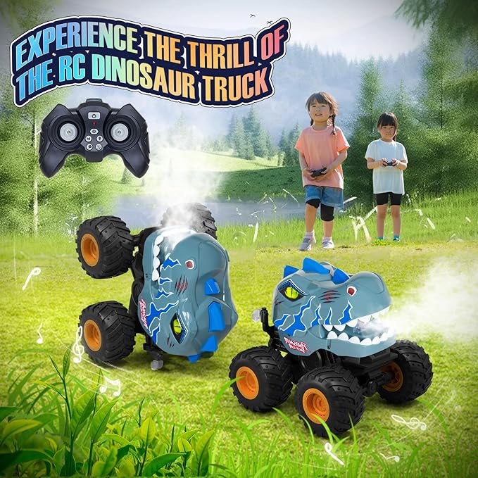 Dinosaur Remote Control Car for Boys 4-7, 360° Rotating Stunt Vehicle, 2.4GHz All Terrain RC Monster Truck Toys with Spray, Light & Sound for Kids 8-12, Birthday Gift for Boys (Grey)