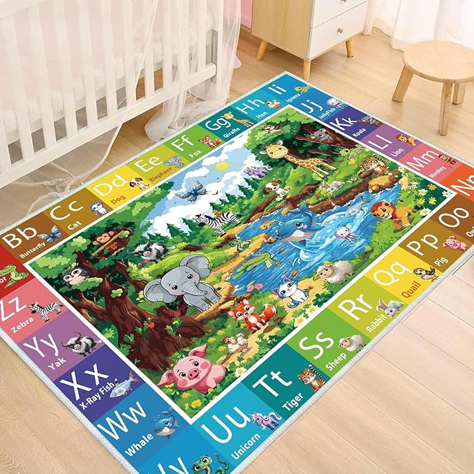 ABC Rug for Kids Room, ABC Baby Mats for Floor Toddlers, Non Silp Alphabet Play Mat Elementary Preschool Kid's Rugs with Animal Illustrations - (78.7X59 Inches)