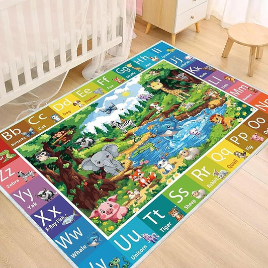 ABC Rug for Kids Room, ABC Baby Mats for Floor Toddlers, Non Silp Alphabet Play Mat Elementary Preschool Kid's Rugs with Animal Illustrations - (78.7X59 Inches)