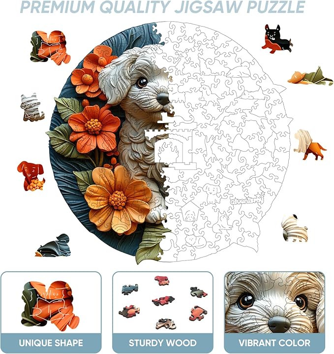 Wooden Puzzle for Adults - 3D Vision Effect White Dog Wooden Puzzle 200 Pcs Unique Shape Advanced Wooden Jigsaw Puzzle, Wood Puzzles, Challenge Wooden Jigsaw Puzzle(11.1 x 11.2 in)