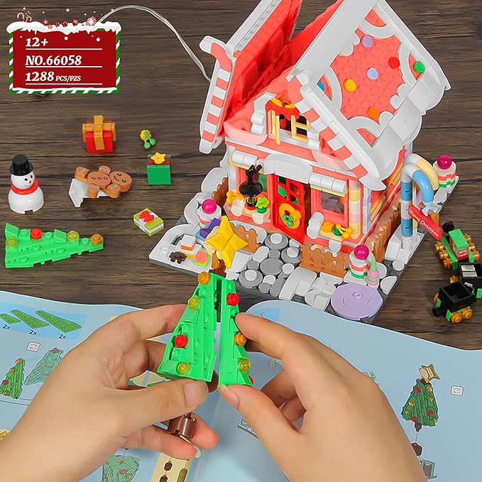 Gingerbread House Building Block Set for Girls 12+ - Pink Christmas Village With LED Lights, Tree, and Train - 1288Pcs for Adults