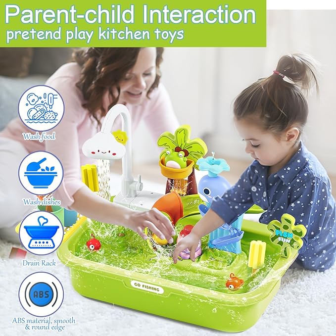 Kids Play Sink with Running Water & Electric Faucet, 4-in-1 Kitchen Sink Toy with Fishing Game, Pretend Play Kitchen Toy Accessories, Role Play Dishwasher Toys for Toddlers Boys Girls Green