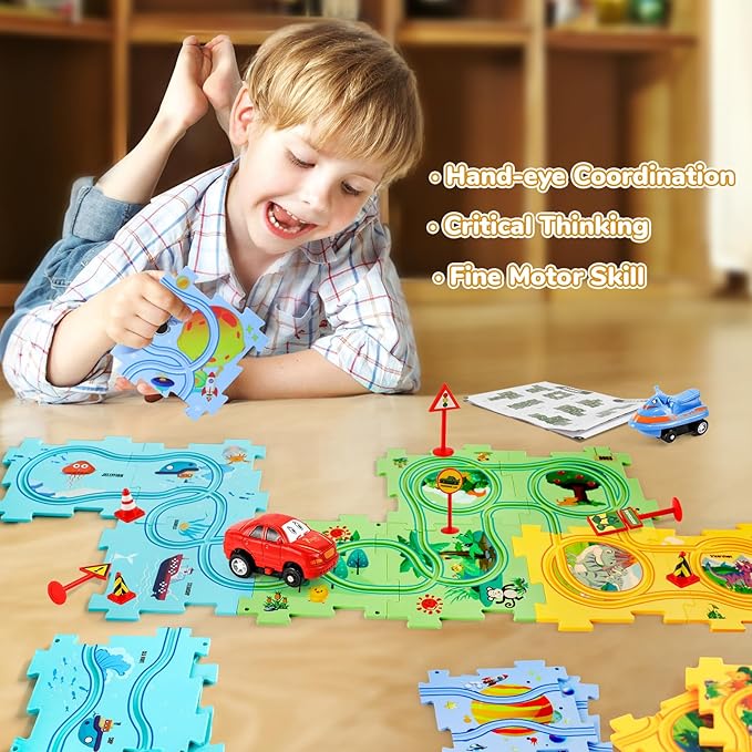 Puzzle Racer Kids Car Track Set, Kids Toys Boys 3-5, Toys for 2 3 4 5 6 Year Old Boys, Toys for Ages 2-4, Montessori Toys for 3+ Year Old, Fat Brain Toys(100Pcs, 4 Themes)