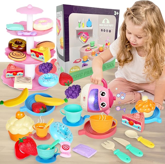 Tea Set for Little Girls 1-3, 48 PCS Tea Party Set for Toddler Little Girls 3-5 with Teapot Tea Cup Music & Light Play Food Toy Kitchen Accessories for Kids Girls Children Boys Toddler Birthday Gift