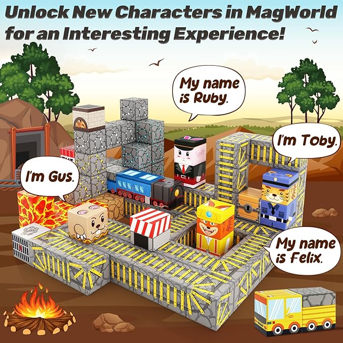 Magnetic Blocks - Build Mine Magnet World Mine Train Track Set, Magnetic Building Blocks Toddler Toys STEM Sensory Outdoor Toys for 3+ Year Old Boys & Girls, Kids Toy for Ages 4-6 6-8 5-7