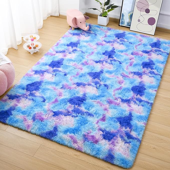 AROGAN Soft Rainbow Area Rugs for Girls Room 4x6 Feet, Fluffy Cute Colorful Princess Carpet for Kids Teens Nursery Toddler,Bedroom Blue and Purple