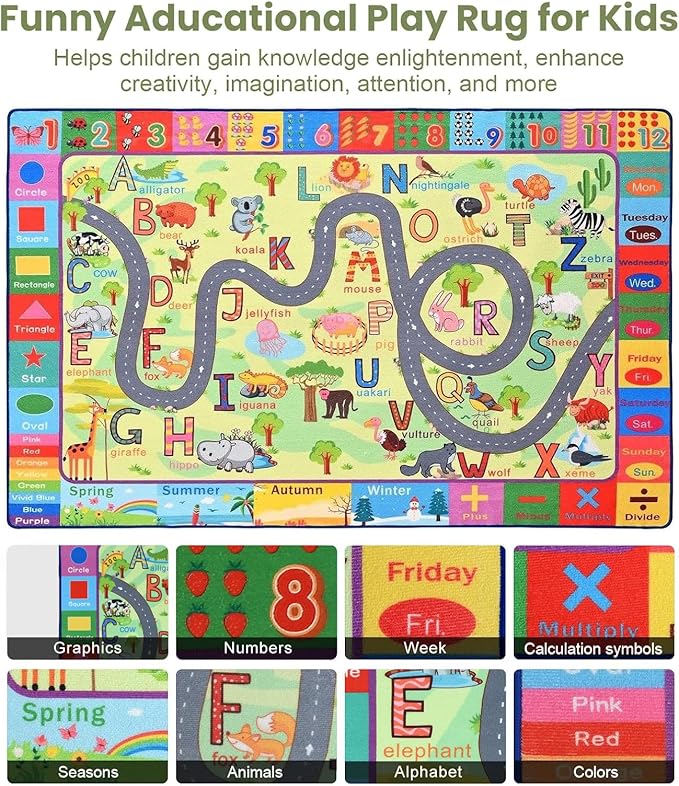 Terrug Kids Rug for Playroom & Classroom, Washable Nursery Carpet, Non-Slip Play Mat, Learning ABC, Numbers, Animals, Colors, Seasons, 4x6 Feet