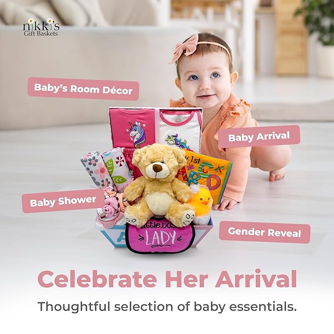 Deluxe 15-Piece New Baby Gift Basket | Newborn Baby Girl Gift Set for Expecting Moms & Parents | Baby Gift with Unicorn Clothing Set | Baby Gift Set with ABC Box | Nikki's Gift Baskets