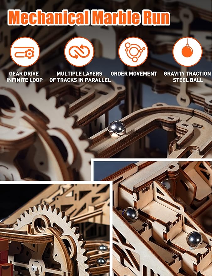 MIEBELY 3D Wooden Puzzles for Adults, 235 Pieces 3D Puzzle DIY Wood Marble Run Model Kits, Electrical Mechanical Gear W/Motor Building Kit, 3D Puzzle Creative Home Decor & Gift for Men/Women
