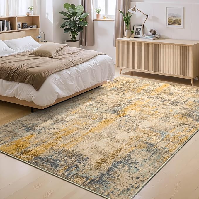 Ompaa Living Room Rug 6x9 Beige Area Rug Machine Washable Boho Rug Non Slip Abstract Vintage Indoor Large Rugs for Bedroom, Classroom, College Dorm, Farmhouse, Dining Room, Kids Playroom