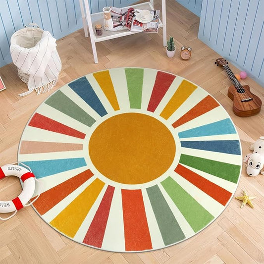 STARUIA Small Round Rug 4 Ft Washable Round Rug for Kids Room, Colorful Sun Circle Rug for Playroom, Non-Slip Circular Office Carpet Soft Rainbow Rug for Bedroom Reading Corner Dorm
