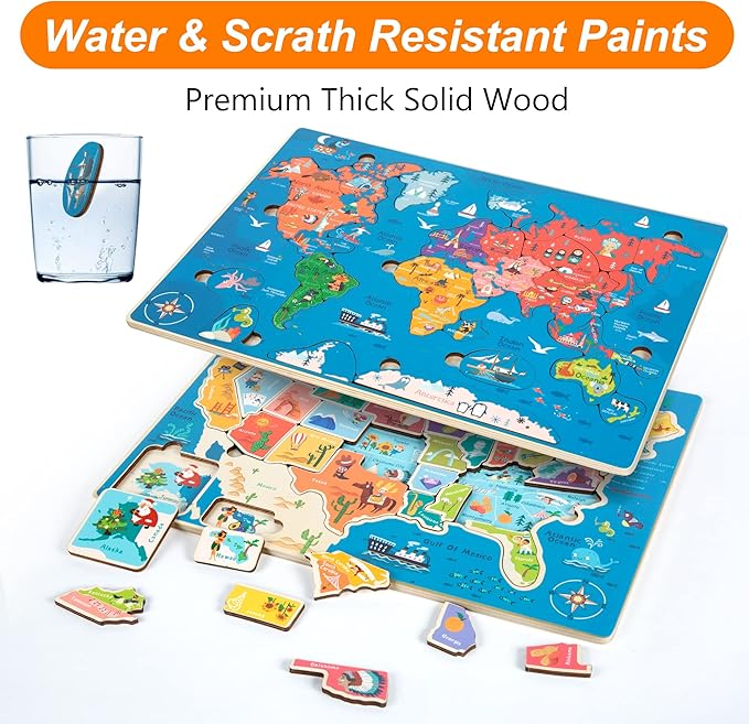 2 Pack Puzzles for Kids Ages 4-6, Wooden Puzzles for Toddlers, Busy Board, Map Jigsaw Puzzle Educational Wood Floor Puzzle, World USA Maps Puzzles Toy Gift for Boys and Girls (US & World Map)