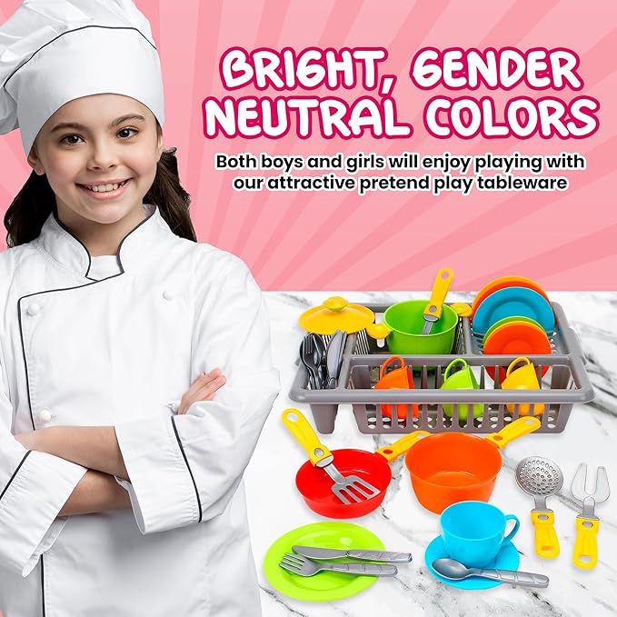 Play Dishes for Kids Kitchen | Pretend Play Kitchen Dishes Set with Drainer | Toy Dishes Kit | Pretend Dishes Cookware Set | Fun and Colorful | Childrens Durable Tableware Playset (33 Pcs)