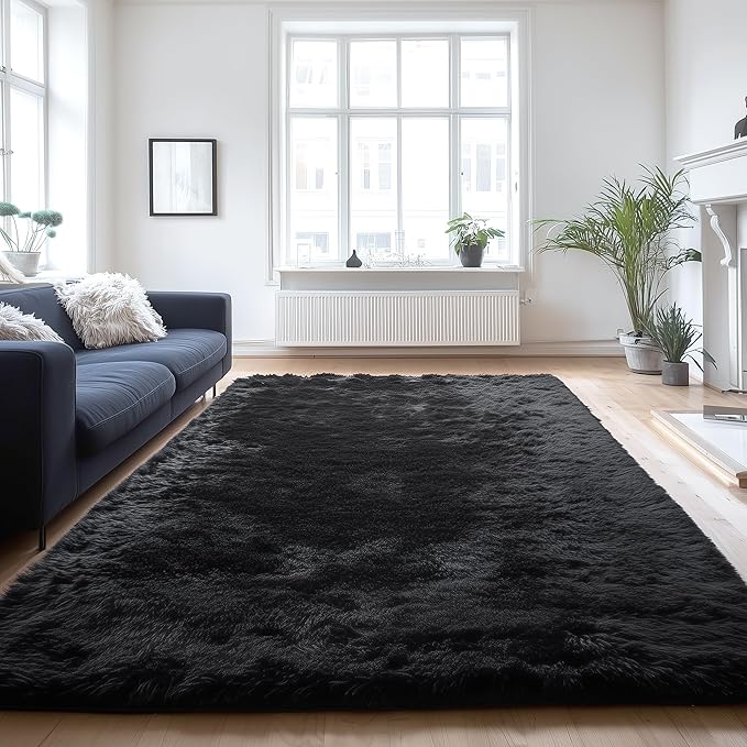 PAGISOFE Black Fluffy Shag Area Rugs for Bedroom 5x7, Soft Fuzzy Shaggy Machine Washable Rugs for Living Room,Plush Nursery Rug Kids Room Furry Floor Rug Boys Carpet for Teen Dorm Black Room Decor