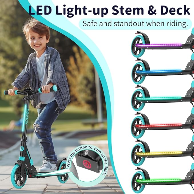 BELEEV V8 Scooters for Kids Ages 6+ with Light-Up Deck, 2 Wheel Folding Scooter for Adults Teens, 4 Adjustable Height, Lightweight Sport Commuter Scooter, Sturdy Frame, Max Load 220 lbs