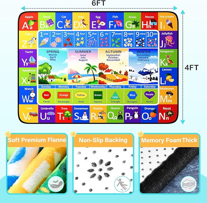 ABC Rug for Kids Playroom, Alphabet Rug 4x6 Feet, Washable Play Mat Non-Slip ABC Mat Classroom Carpet for Learning Letters, Animal, Shape, Color, Nursery Toddler Play Room Decor