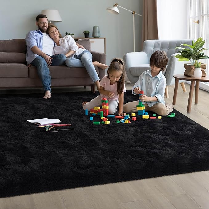 Fluffy Soft Black Rug for Bedroom Living Room, 4x6 Plush High Pile Rugs Super Soft Shaggy Carpet for Classroom Kids Babys Playroom Toddler Nursery Dorm Home Decor, Modern Indoor Non Slip Rug