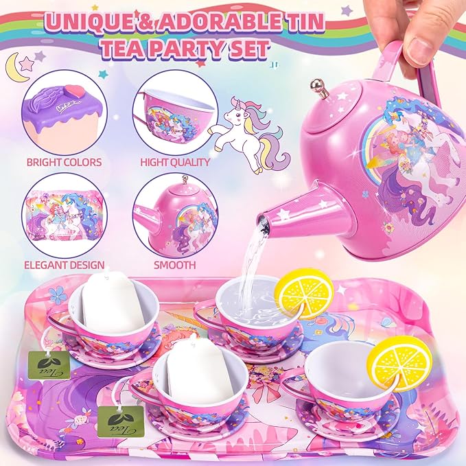 Unicorn Tea Party Set for Little Girls, Toddler Princess Toy Tea Set, Pretend Play Teapot Dessert Tea Cup Set Food Kitchen Playset, Birthday Unicorn Gift for 3 4 5 6 7 8 Year Old Girl