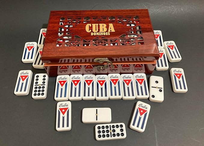 PRK 14 Cuban Double 9 Dominoes Set in Premium Wooden Box – Classic White Tiles with Colored Dots Dominoes in Durable Wooden Storage Case – Traditional Cuban Style for Family & Friends