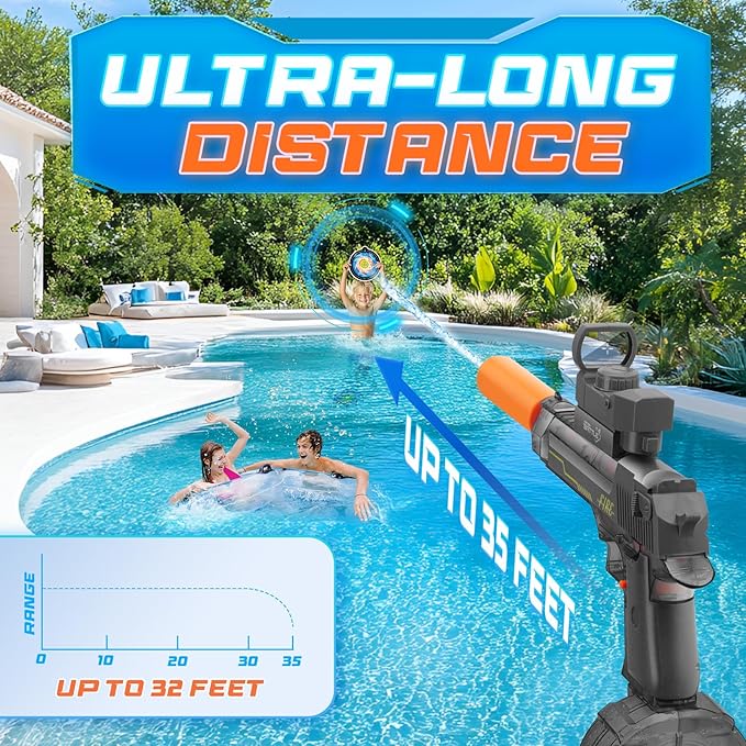 Electric Water Blaster for Kids Ages 4-12: Automatic Water Toy with 32FT Spray Distance High-Capacity Design Ideal for Pool Parties, Beach, Backyard & Summer Outdoor Play, Grey