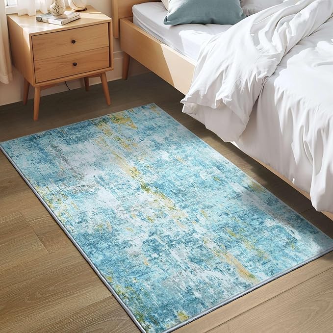 Entrance Rugs Indoor 2x3 Teal Blue Entry Rug Washable Abstract Small Area Rug Non-Slip Low Pile Throw Rugs for Entryway, Kitchen Floor, Front Door Indoor Door Mat, Bathroom, Bedroom Bedside