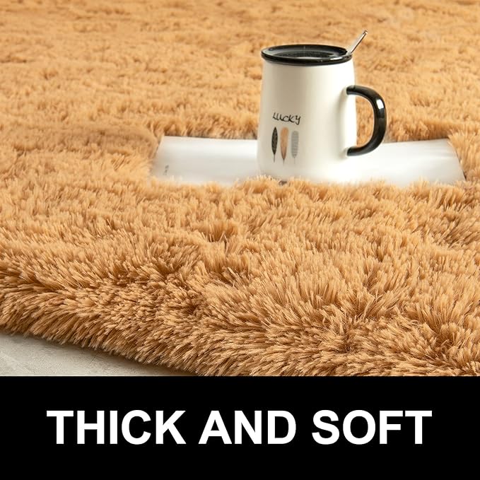 LOCHAS Luxury Round Fluffy Area Rugs for Bedroom Kids Girls Room Nursery, Super Soft Circle Rug, Cute Shaggy Carpet for Children Living Room, 4x4 Feet Khaki