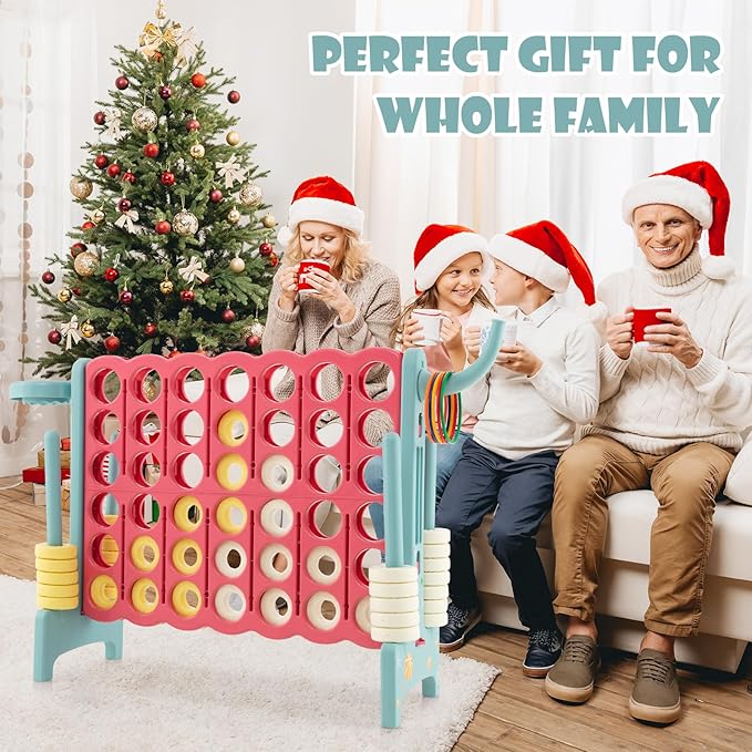 Costzon Giant 4-in-A-Row, Jumbo 4-to-Score Giant Game w/Basketball Hoop, Ring Toss, Quick-Release Slider, 42 Jumbo Rings, Indoor Outdoor Family Connect Game for Kids & Adults, Backyard Games