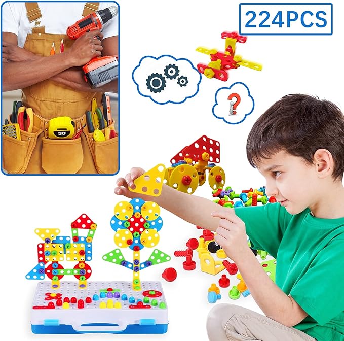 STEM Drill & Build Toy Set for Kids Ages 3-8 | 224-Piece Building Kit with Electric Toy Drill, Screwdriver, Pegboard | Educational Construction Toys for Boys Girls | Gift for Birthdays